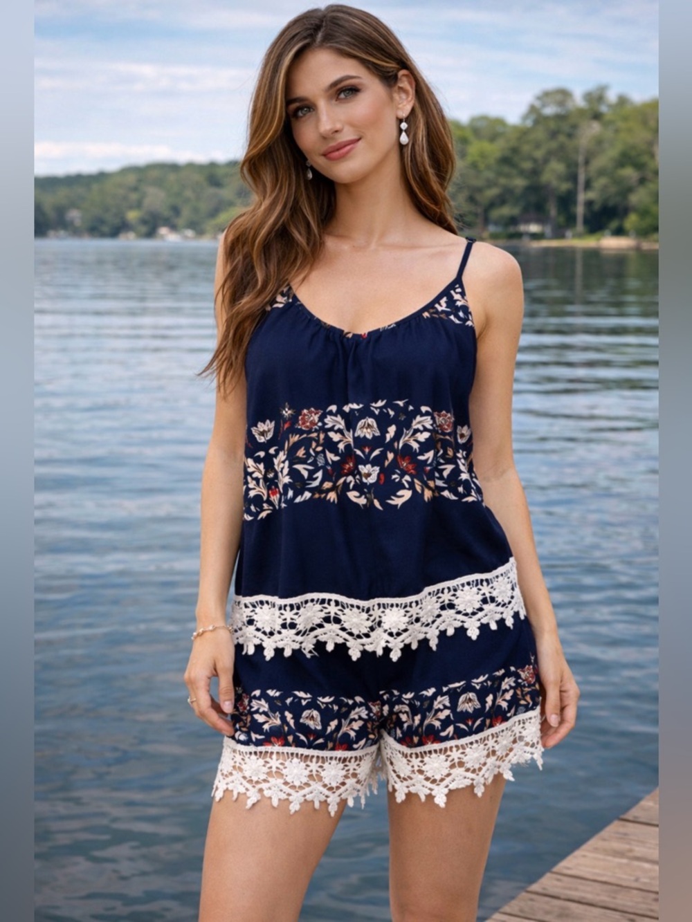 Entro navy blue floral vneck lace trim short romper